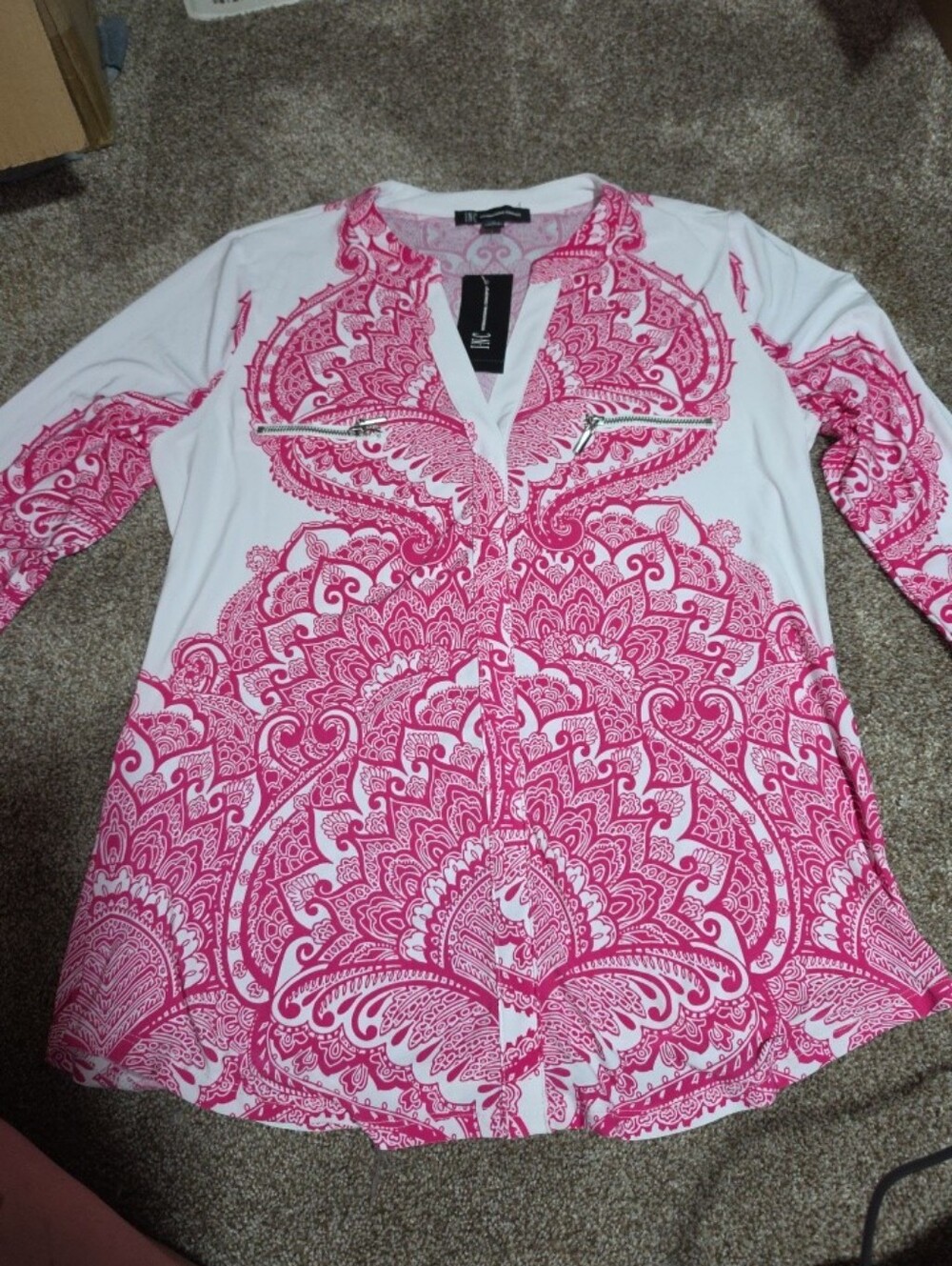 INC International Concepts White Tunic with Pink Paisley Print M